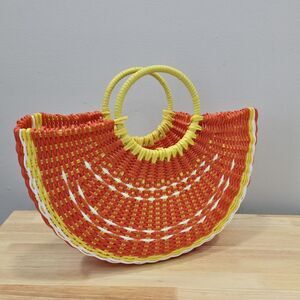Sunglow Style Beach Tote Bag Woven Orange Slice Shaped with Handles Retro Vibe
